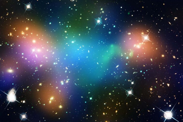 Dark Matter Core Defies Explanation NASA ID: GSFC_20171208_Archive_e001774 NASA image release March 2, 2012 This composite image shows the distribution of dark matter, galaxies, and hot gas in the core of the merging galaxy cluster Abell 520, formed from a violent collision of massive galaxy clusters. The natural-color image of the galaxies was taken with NASA