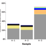 Un graphique à barres montre une analyse des microbes trouvés dans trois échantillons fécaux identiques ; chaque test a révélé différentes mesures d'abondance relative.