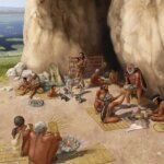 Reconstruction par un artiste d'un premier groupe humain avec des chiens