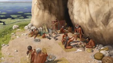 Reconstruction par un artiste d'un premier groupe humain avec des chiens