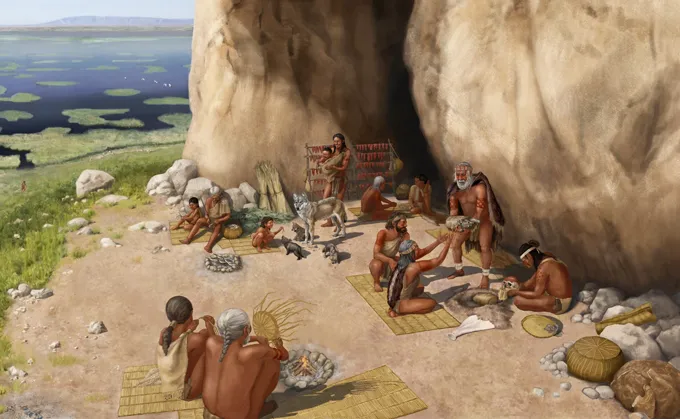 Reconstruction par un artiste d'un premier groupe humain avec des chiens