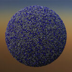 Une illustration d'un azotosome, dont on suppose qu'il abriterait une vie extraterrestre sur Titan, montre une sphère bosselée avec des points bleus/violets et blancs.