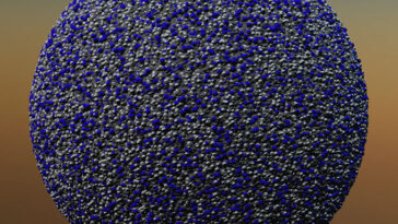 Une illustration d'un azotosome, dont on suppose qu'il abriterait une vie extraterrestre sur Titan, montre une sphère bosselée avec des points bleus/violets et blancs.