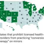 Une carte avec les États marqués en vert pour indiquer qu'ils interdisent "thérapie de conversion."