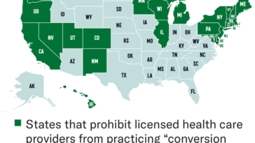 Une carte avec les États marqués en vert pour indiquer qu'ils interdisent "thérapie de conversion."