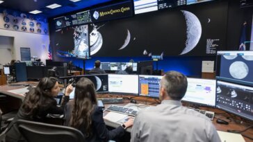 Deux femmes et un homme sont assis à un bureau et regardent de grands écrans avec des photos de la lune et une pancarte indiquant "Centre de contrôle de mission"