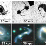 Trois images en noir et blanc de gouttelettes d'eau tourbillonnantes sont présentées au-dessus de trois images en noir et bleu de galaxies tourbillonnantes. Les formes de chaque paire d'images sont identiques.