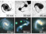 Trois images en noir et blanc de gouttelettes d'eau tourbillonnantes sont présentées au-dessus de trois images en noir et bleu de galaxies tourbillonnantes. Les formes de chaque paire d'images sont identiques.