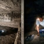 Un chercheur à l'intérieur d'une chambre sombre de la Grande Pyramide d'Égypte porte une lampe frontale et regarde une boîte bleue, avec une deuxième boîte grise à proximité - un équipement utilisé pour mesurer les vibrations à l'intérieur de la pyramide.