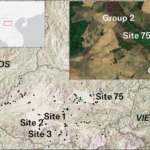Une carte montrant des parties du Laos et du Vietnam est couverte de points noirs où se trouvent des pierres anciennes. "pots" ont été trouvés. La carte met en évidence le site 75 et comprend un encart photo du site où un pot contenant les restes de 37 personnes a été trouvé.