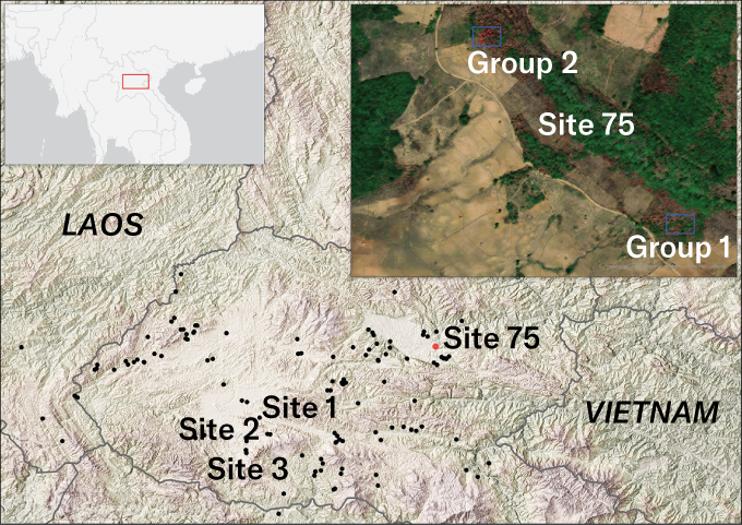 Une carte montrant des parties du Laos et du Vietnam est couverte de points noirs où se trouvent des pierres anciennes. "pots" ont été trouvés. La carte met en évidence le site 75 et comprend un encart photo du site où un pot contenant les restes de 37 personnes a été trouvé.