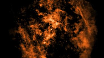 Des nuages ​​de gaz orange forment un cercle, sauf en bas où se trouve un vide en forme de cône, preuve du vent soufflant du trou noir central de la Voie lactée, selon les chercheurs.