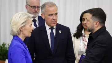 Ursula von der Leyen, Mark Carney, Volodymyr Zelensky, from left to right, modified, cc European Union