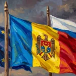 Les rêves de l’UE se heurtent à la guerre hybride russe en Moldavie Generated by Google Gemini AI on July 8, 2026. All flags, maps, and likenesses contained within this image are not necessarily accurate representations of reality.