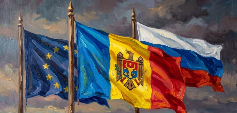 Les rêves de l’UE se heurtent à la guerre hybride russe en Moldavie Generated by Google Gemini AI on July 8, 2026. All flags, maps, and likenesses contained within this image are not necessarily accurate representations of reality.