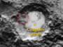 Cette image du cratère Coughlin de Pluton montre ce qui pourrait être un cratère plus petit sur sa lèvre (délimité par une ligne pointillée blanche). Les scientifiques ont ajouté une ligne rouge autour d’une masse de matière qui semble avoir glissé dans le plus grand cratère et pourrait être la preuve d’un glissement de terrain.