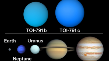 Une infographie comparant la taille de deux planètes super-soufflées à celles des planètes de notre système solaire.