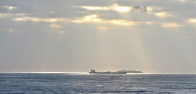Oil tanker at anchor on open water