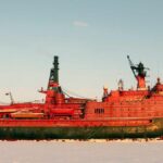 Russian nuclear icebreaker 50 Years of Victory breaking through Arctic sea ice