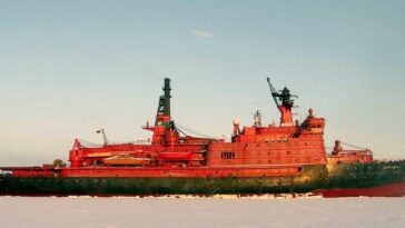 Russian nuclear icebreaker 50 Years of Victory breaking through Arctic sea ice