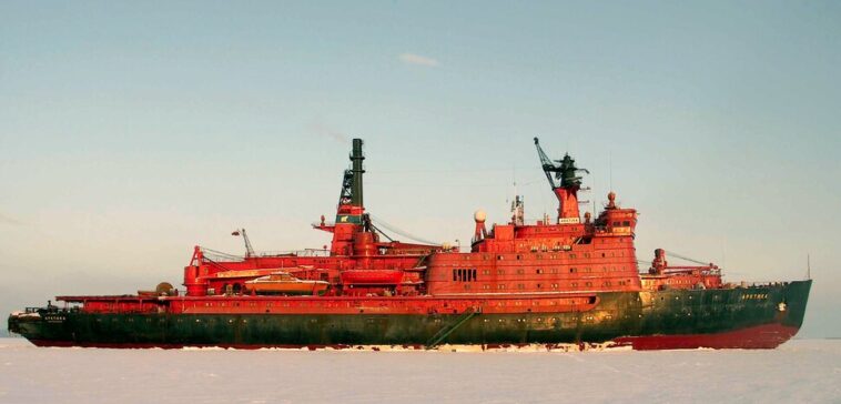 Russian nuclear icebreaker 50 Years of Victory breaking through Arctic sea ice