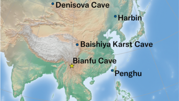 Une carte du continent asiatique montre les cinq endroits où les restes de Denisovan ont été découverts.