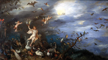 Peinture du XVIIe siècle représentant une femme nue entourée de chérubins et d'une multitude d'oiseaux et d'autres animaux, avec des oiseaux et des chauves-souris remplissant un ciel dramatique.