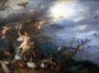 Peinture du XVIIe siècle représentant une femme nue entourée de chérubins et d'une multitude d'oiseaux et d'autres animaux, avec des oiseaux et des chauves-souris remplissant un ciel dramatique.