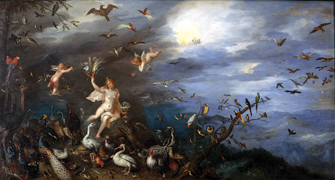 L'art historique peut cacher des secrets scientifiques Peinture du XVIIe siècle représentant une femme nue entourée de chérubins et d'une multitude d'oiseaux et d'autres animaux, avec des oiseaux et des chauves-souris remplissant un ciel dramatique.