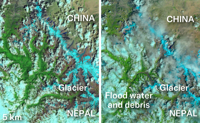 La coulée de débris meurtrière au Népal révèle des risques dans d'autres régions de haute montagne Les images satellite montrent le paysage montagneux du Népal où se sont produites les avalanches de glace et les coulées de débris.