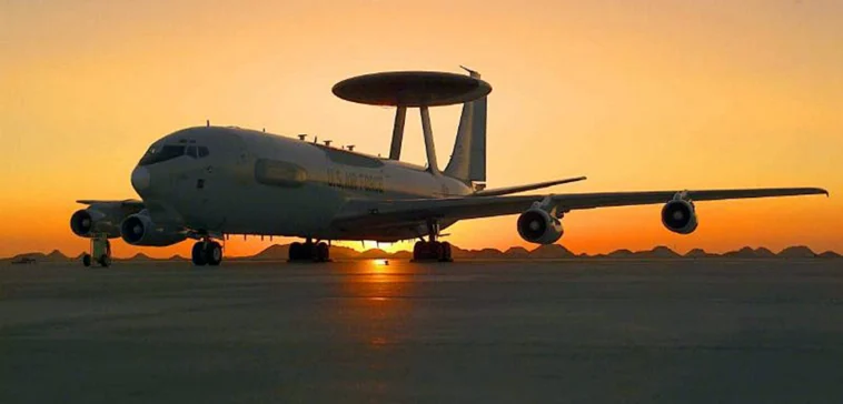 The E-3 Sentry is a modified Boeing 707/320 commercial airframe with a rotating radar dome. The dome is 30 feet in diameter, 6 feet thick and is held 11 feet above the fuselage by two struts. It contains a radar subsystem that permits surveillance from the Earth