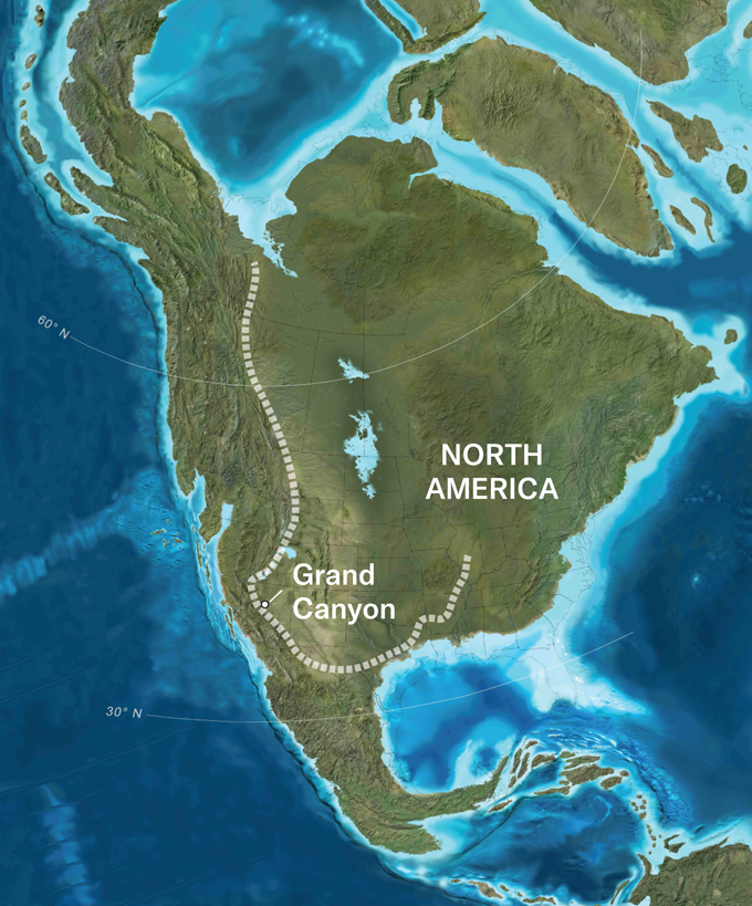 Une carte de l'Amérique du Nord montre l'emplacement d'une ancienne falaise massive (représentée par une ligne pointillée, longeant la côte ouest du continent) qui s'étendrait de ce qui est aujourd'hui l'Alaska jusqu'à ce qui est aujourd'hui le Grand Canyon et dans une plus grande partie du sud-ouest des États-Unis.