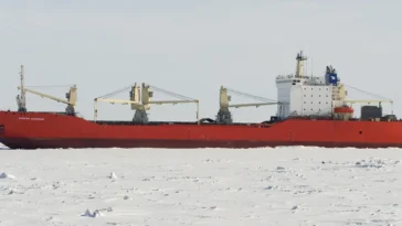 The cargo ship Kapitan Danilkin outside Sabetta, Russia, April 2015. Photo by Tuomas Romu, CC BY-SA 4.0, modified, https://commons.wikimedia.org/wiki/File:Kapitan_Danilkin_April_2015.jpg