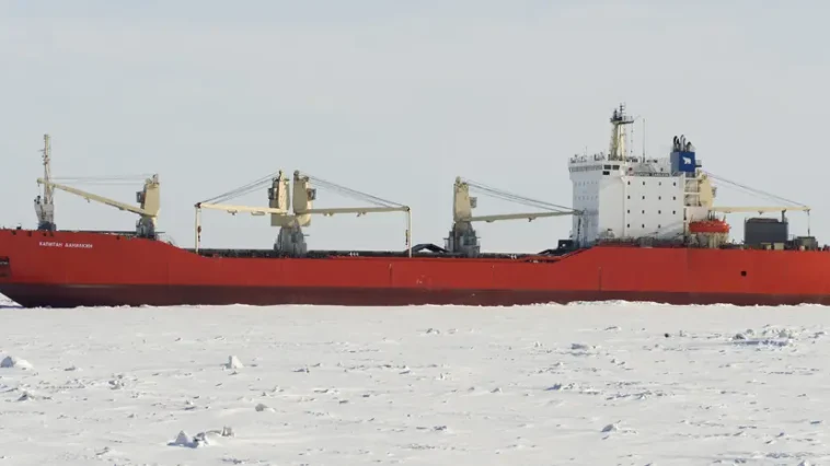 The cargo ship Kapitan Danilkin outside Sabetta, Russia, April 2015. Photo by Tuomas Romu, CC BY-SA 4.0, modified, https://commons.wikimedia.org/wiki/File:Kapitan_Danilkin_April_2015.jpg