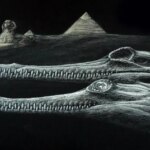 Un crocodilien éteint a été découvert parmi les rochers qui ont construit le Grand Sphinx Une illustration d'Herugavialis, de son crâne, du Grand Sphinx de Gizeh et des pyramides