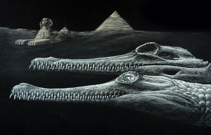 Une illustration d'Herugavialis, de son crâne, du Grand Sphinx de Gizeh et des pyramides