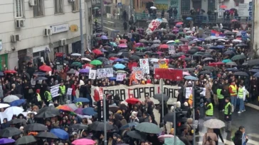 Protesters march through Belgrade during the anti-corruption demonstrations, January 24, 2025. (Photo by Emilija Knezevic), CC BY 4.0, modified, https://commons.wikimedia.org/wiki/File:Belgrade_protests_2025-01-24_-_6.jpg